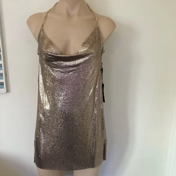 🌿 H:ours 🌿 ladies chainmail glomesh gold dress mini party BNWT - Picture 6 of 7